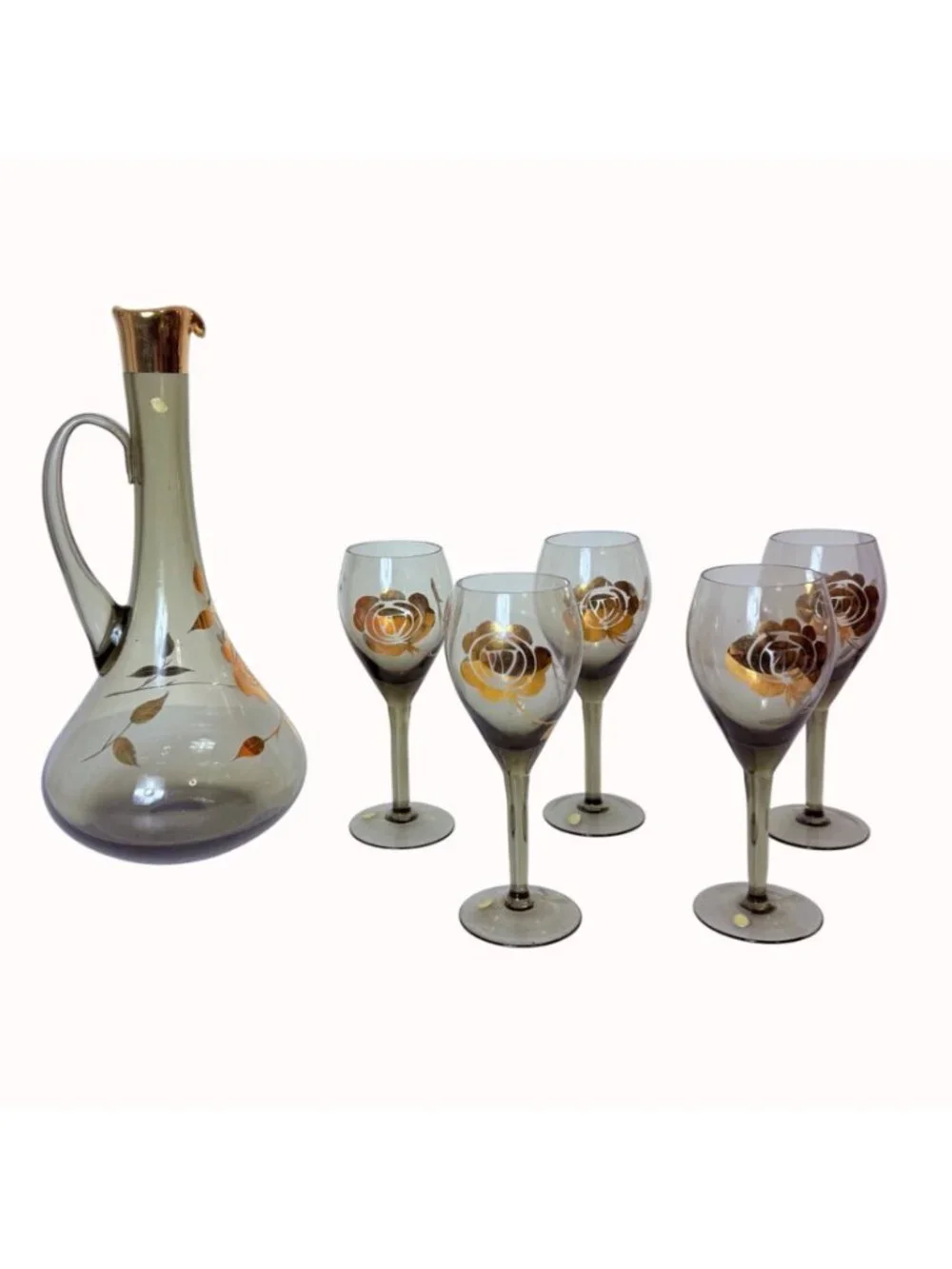 Vintage MCM Smoked Glass Barware Set Pitcher 5 Wine Glasses Gold Floral Hungary